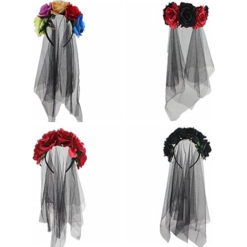 Black Red Colorful Flower Headband With Long Veil Gothic Style Hair Hoop Headwear Party For Women Christmas Halloween