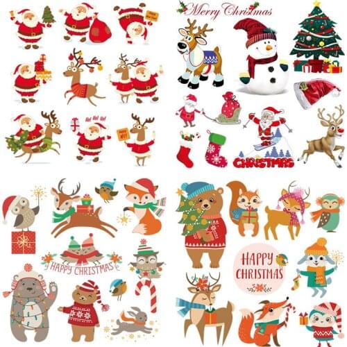 Merry Christmas Tree Patches Set DIY Santa Cruz Iron on Transfers for Clothing Cartoon Cute Animals Deer Owl Stripe Stickers