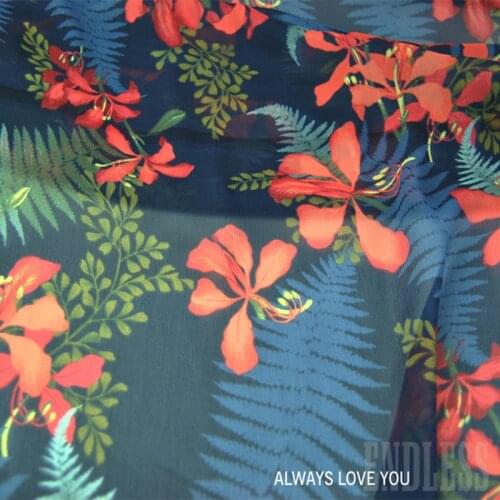LEO&LIN Navy Blue Flowers 100% Silk Silky Foliage GeorgetteIts Yarn Through Scarf Cheongsam Dress Fabric Fabric 50cm