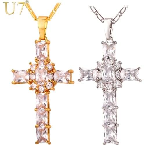 U7 Cross Crystal Necklace Women Jewelry Gift Wholesale Silver/Gold Color Luxury Pink/Clear Cubic Zirconia Pendant & Chain P364