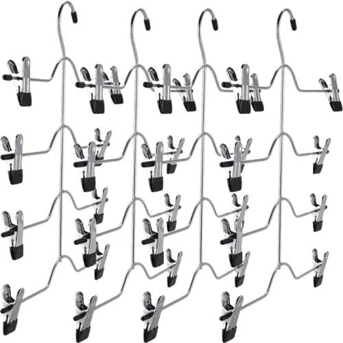 Pants Hangers,4 Tier Non Slip Skirts Hangers with 8 Clips-Pack Of 4 Space Saving Sturdy Luxurious Chrome Metal Multi Trousers Ha