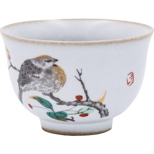 Kiln Retro Vintage Tea Cup Gardon Bird Tea Mug Ruyao 100ml Porcelain Handpainted Teacup Tea Service Pigmented Tea Bowl Drinkware