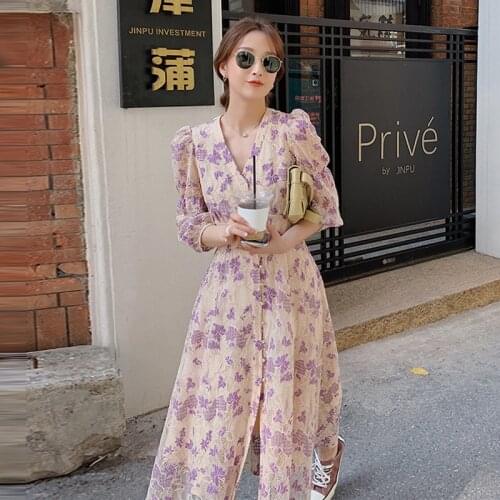 Vintage Purple Floral Dress Women Casual New Summer Sweet Fairy Lace Tea Dress Vintage Female Puff Sleeve Dress