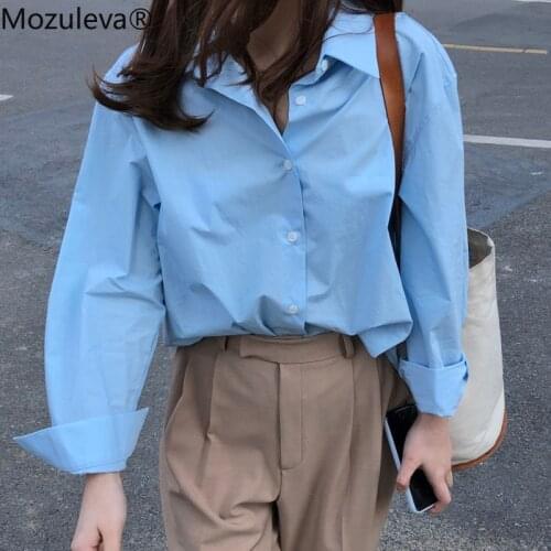 Mozuleva 2020 Spring Summer Tops Casual Loose Women Blouses Shirts Minimalist Single-breasted Female Blue Shirts Oversized femme
