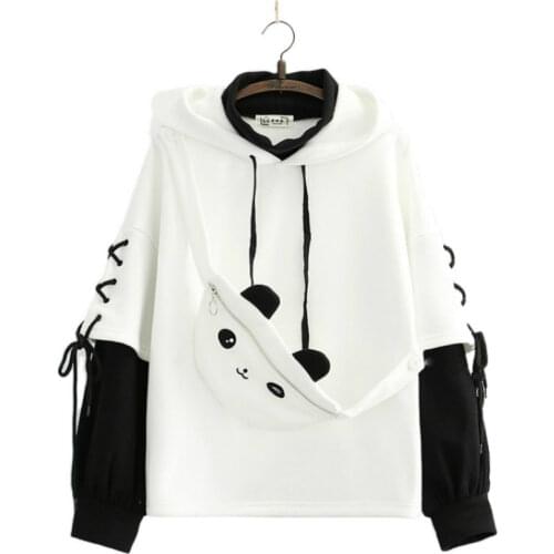 2021 Winter Fleece Hoodies Women Cartoon Panda Print Pocket Patchwork Hooded Sweatshirts Long Sleeve Lace Up Pullover Tracksuits