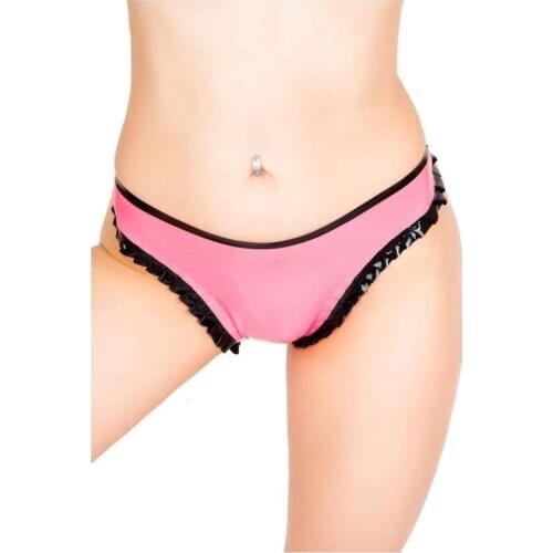 Females underwears 100% handmade pink latex panties with black ruffles decorations