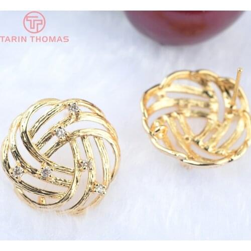 4PCS 20x19MM 24K Gold Color Brass with Zircon Rose Flower Stud Earrings Pins High Quality Jewellery Accessories