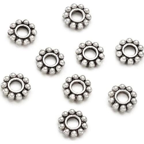 50pc Antique Bronze/Silver Color Tibetan Style Alloy Daisy Flower Bead Spacers for Bracelet Necklace Jewelry Making DIY Findings