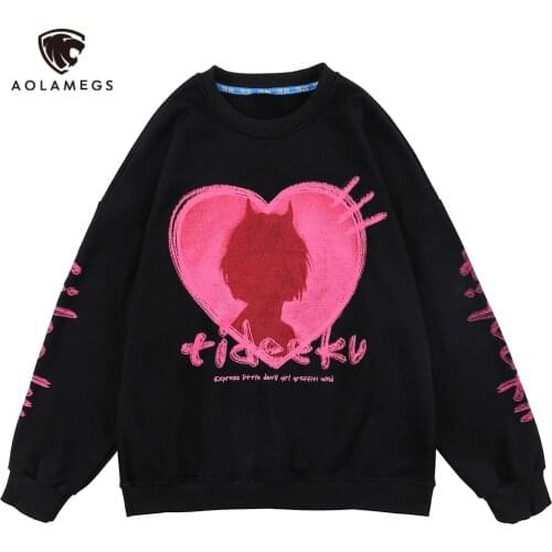 Aolamegs Demon Girl Heart Graffiti Printed Oversize Sweatshirts Men High Street College Style Pullover Couple Fashion Streetwear