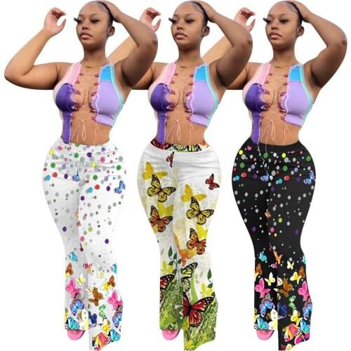 Streetwear Cartoon Butterfly Print Women Pants Summer Elastic High Waist Pocket Trousers Wide Leg Jogger Pants Sweatpants