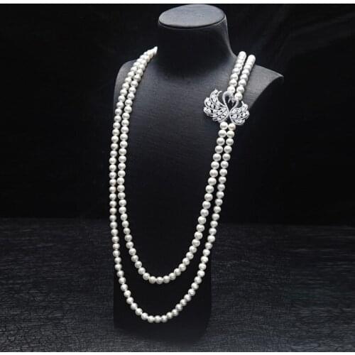 Design double swan 80-100cm white freshwater pearl long sweater chain necklace fashion jewelry
