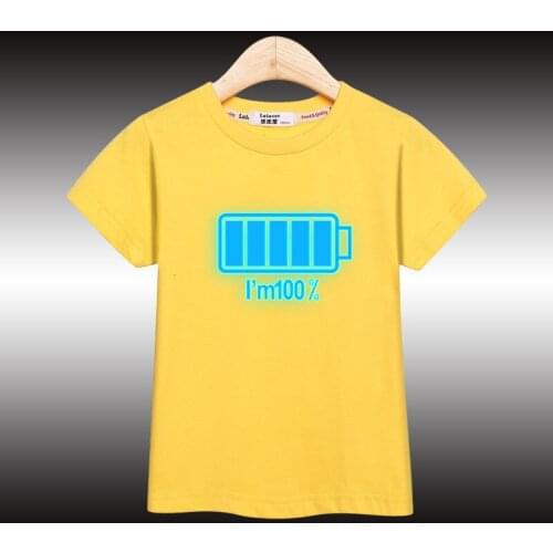 Kids Summer Luminous Shirt Battery 100% Printed T-shirt 3-14T Boy Short Sleeve Cotton Top Girl Tees