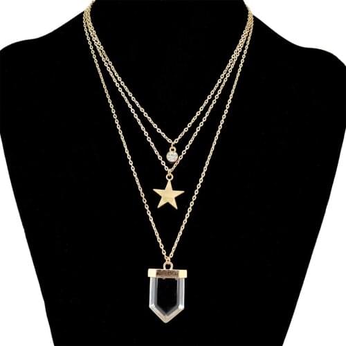 European&American Fashion Multilayer Necklace Jewelry Simple Star Moon Diamond Natural Stone Pendant Multilayer Clavicle Necklac
