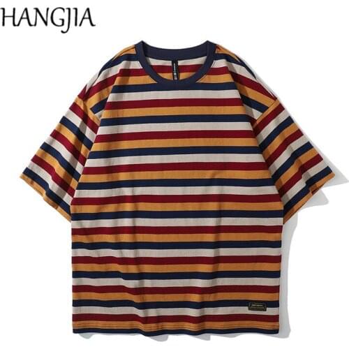 Harajuku Striped Printed Short-sleeved T-shirt for Men Women High Street Loose Casual Couple Fall Shoulder Round Neck Top Tshirt