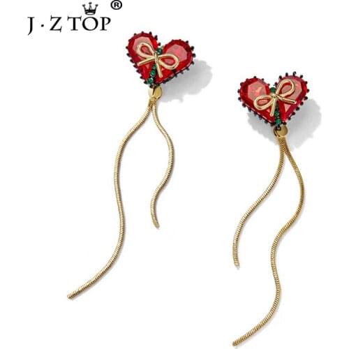 JZTOP Luxury Red Crystal Love Heart Stud Earrings Fashion Long Bow Tassel Earrings Girlfriends Christmas Gift Party Jewelry