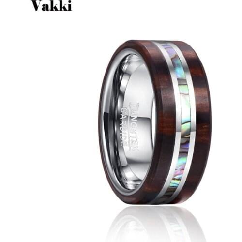 VAKKI 8mm Wide 2.3mm Thick Two Sides Wood Grain Abalone Shell Tungsten Steel Ring Men Jewelry