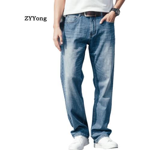 Summer Thin Section Men Jeans Loose Hip Hop Skateboard Elastic Straight Blue Trousers Baggy Streetwear Wide Leg Denim Pants