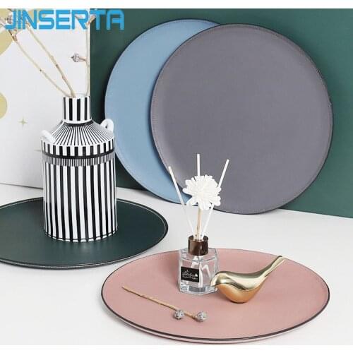 JINSERTA Metal Storage Tray Jewelry Display Plate Cosmetic Organizer PU Leather Dessert Fruit Snack Plate Restaurant Decor Tray
