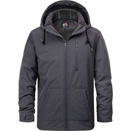 Men Winter Fleece Lined Water Resistant Windbreaker Stretchy Comfortable Softshell Zip Front Hooded Warm Fabric Jackets MJK009