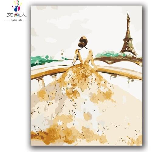 Beautiful girl Paris Tower oil painting by numbers with paint and brush kits on canvas drawing coloring by numbers hand-pained