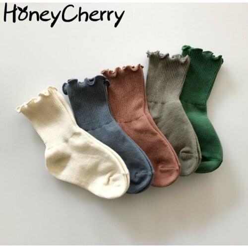 Korean version of fungus solid color double needle socks girls children spring and summer cotton loose socks newborn socks