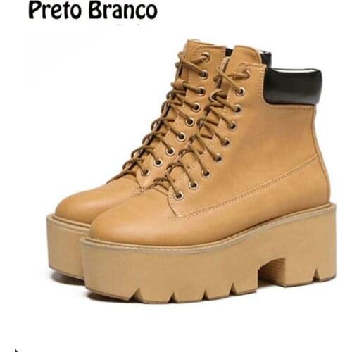 PRETO BRANCO Womens Thick Heels Platform Boots Casual Autumn Winter Waterproof Color Matching Wedge Heel Ankle Boots JXQ-zq