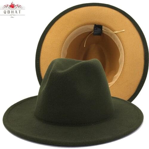QBHAT Olive Green with Tan Bottom Patchwork Two Tone Color Wool Felt Jazz Fedora Hats Women Men Party Festival Formal Hat