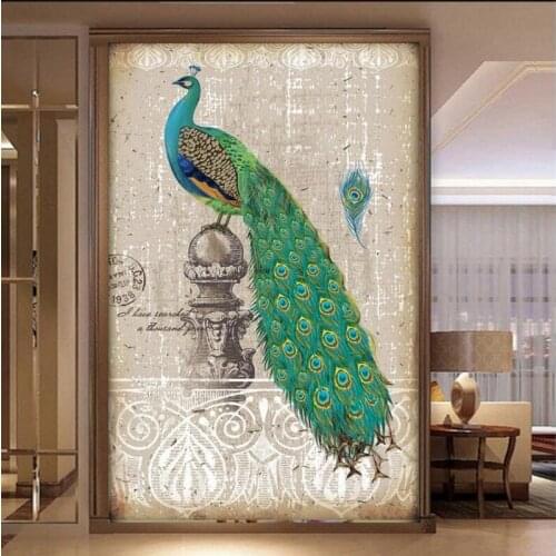 Custom mural Continental retro peacock mural entrance Living room wallpaper decoration painting wallpaper