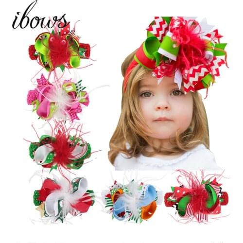 Christmas Hair Bows Headband Xmas Decoration Feather Hair Clip With Elastic HairBands For Kids Girls Headwear Hair Accessories