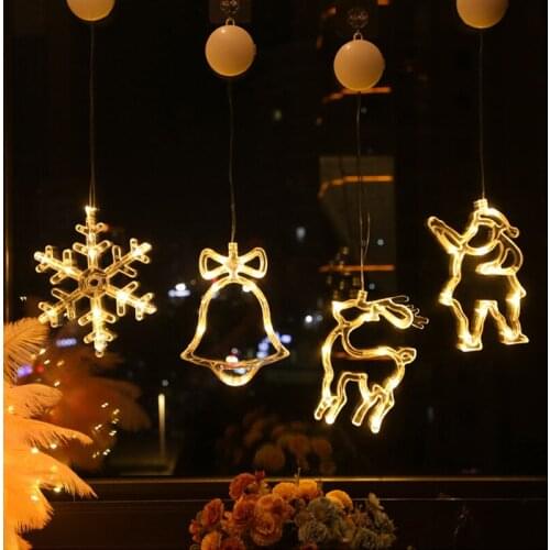 Christmas Bell Snowman Star Lights Holiday Window Decor LED Sucker Lights Battery Power Christmas Garland For Home Decor Bell