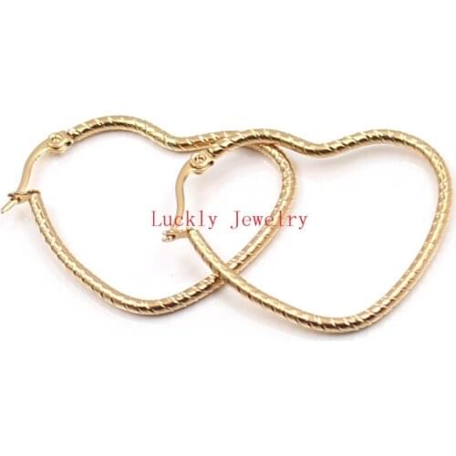 On sale 5pair lot Gold Surgical Stainless Steel 40mm Heart shape Wire Hoop Earring Women Fashion Party Jewelry in bulk