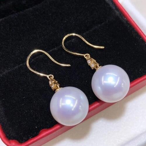 D727 Pearl Earrings Fine Jewelry Solid 18K Gold Round 11-12mm Fresh Water White Pearls Earrings for Women Fine Presents