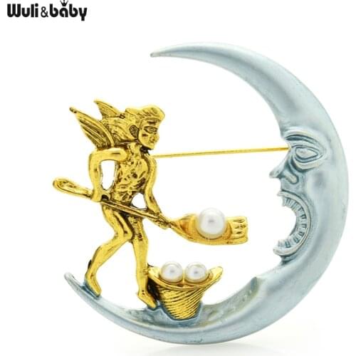 Wuli&baby Vintage Fairy Tale Lady And Moon Brooches For Women Men 2-color Figure Brooch Pin Gifts