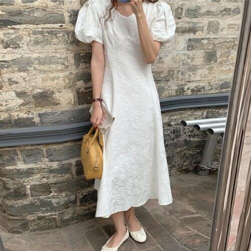 Vintage Lace Up Women Dress Summer 2021 New Puff Sleeve Woman Dress Elegant High Waist V Neck White Dresses Robes New 15261