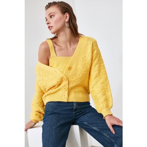 Yellow Knit Detailed Blouse - Cardigan Knitwear Suit Cardigan Knitted Sweater Autumn Winter Long Sleeve Casual Fashion Femme