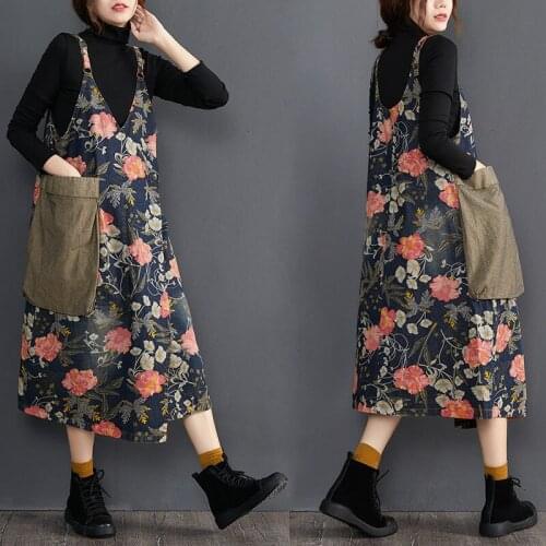 Big Pocket Patchwork Plus Size Suspender Dress Womens Autumn 2020 New Retro Slimming Denim Print Mid-Length Dress Overall y504