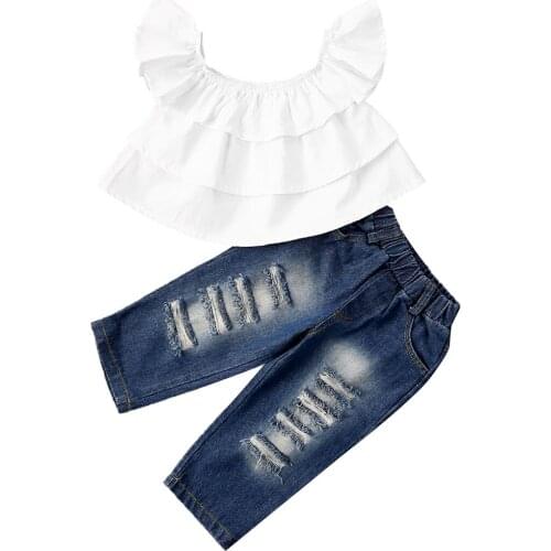 2020 Summer Baby Girl Clothes Sleeveless Ruffles White Top +Hole Long Pants 2PCS Outfit Set Clothes 3-7T