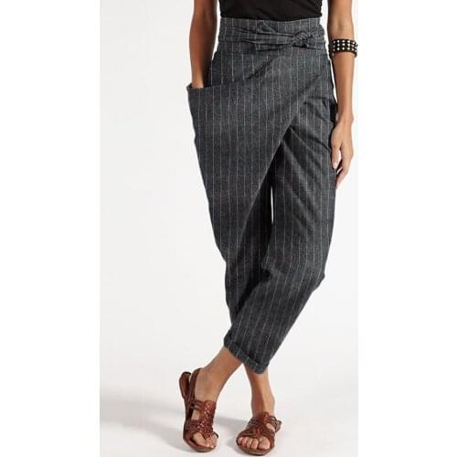 Top Selling Product In 2021 Summer Vertical Striped High Waist Belt with Pocket Harem Pants Mens Clothing