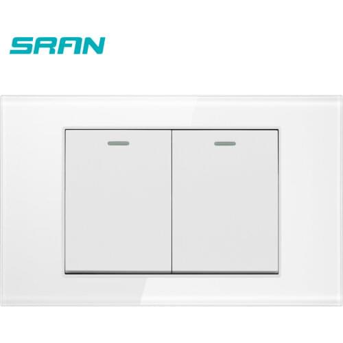SRAN AU/US standard 2 gang 2 way rocker switch,250V 16A wall light switch for stairs crystal tempered glass 118mm*72mm