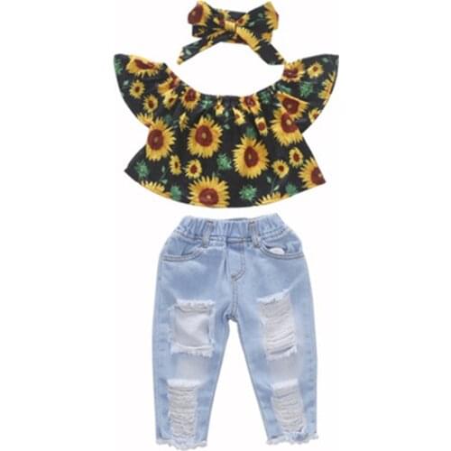 Girls clothing set Summer Fashion Printed Off Shoulder T-shirt + Hole Jeans Denim Pants Toddler Outfits Set Clothes 1-5 years