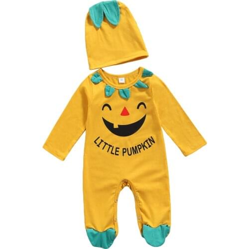 Lioraitiin 0-12M Infant Baby 2Pcs Halloween Outfits Long Sleeve Letter Print Footed Jumpsuit with Hat Set