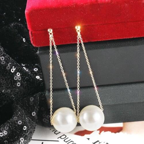 Korean Fashion Personality Needle Big Pearl Earrings Metal Chain Hanging Pearl Simple Super Fairy Long Earrings