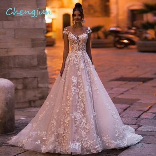 Chengjun Sexy Backless Cap Sleeve Lace A Line Wedding Dress Bridal Gowns