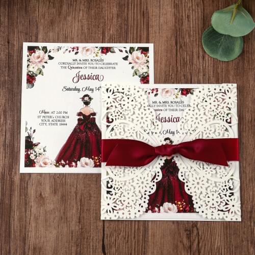 Square Wedding Invitations Cards Bridal, Baby Shower Invite,Birthday,Quinceanera,with Red Bowknot Hollow,50pcs, W0003