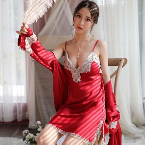L-U-K Lady Sexy Ice Silk Satin Nightdress Suit Nighties V-neck Nightgown Lace Sleepwear For Women sexy Pajamas