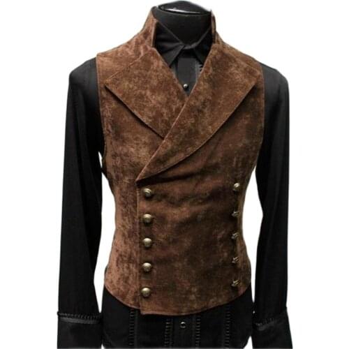 Mens Double Breasted Gothic Steampunk Velvet Vest Stand Collar Medieval Victorian Waistcoat Stage Cosplay Prom Costume Leather