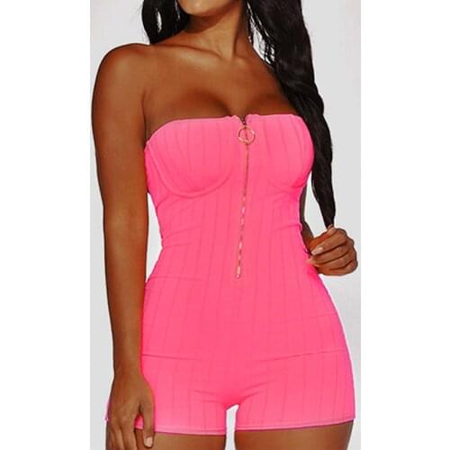 Neon Bodysuit Women Sexy Strapless Zipper Backless Low Neckline Elastic Fashion Jumpsuit Party Night Club Chic Lady Hot Playsuit