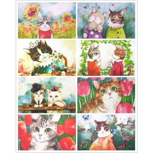 Cute cat 11X15CM 8PCS/SET Hand dyed Cotton Linen Printed Quilt Fabric DIY Sewing Patchwork Home Textil decoration