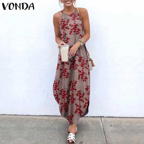VONDA Bohemian Floral Printed Long Dress Women Summer Sundress Elegant Sleeveless Loose Party Vestidos Halter Dresses Robe S-5XL