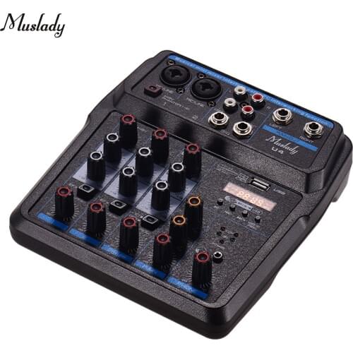 Muslady U4 Portable 4 Channels Audio Mixer BT USB Mixing Console with Sound Card Built-in 48V Phantom Power EU Plug